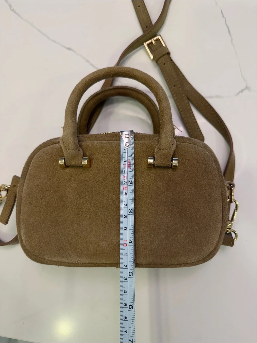 Suede Crossbody Mini Satchel in Light Brown
